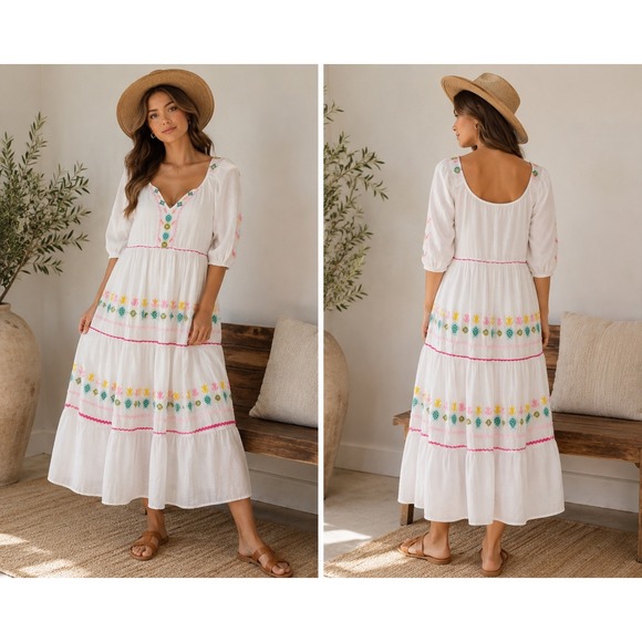 Simply Southern Dresses & Skirts - Simply Southern White Gauze Dress L Embroidered Turtle Pineapple Tiered Midi